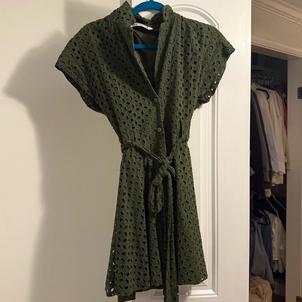 Zara Olive Green Eyelet Belted Shirt Dress